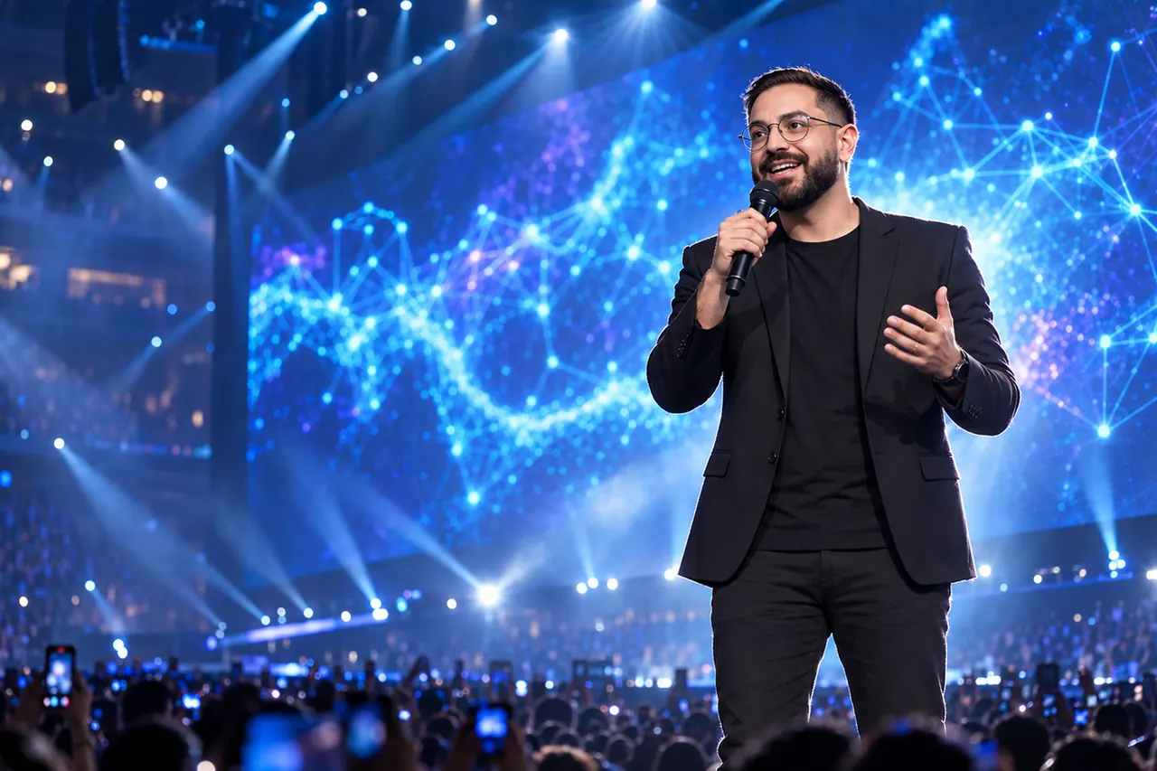 Júlio Cesar Sávio de microfone na mão num palco, com um telão de LED mostrando uma rede neural